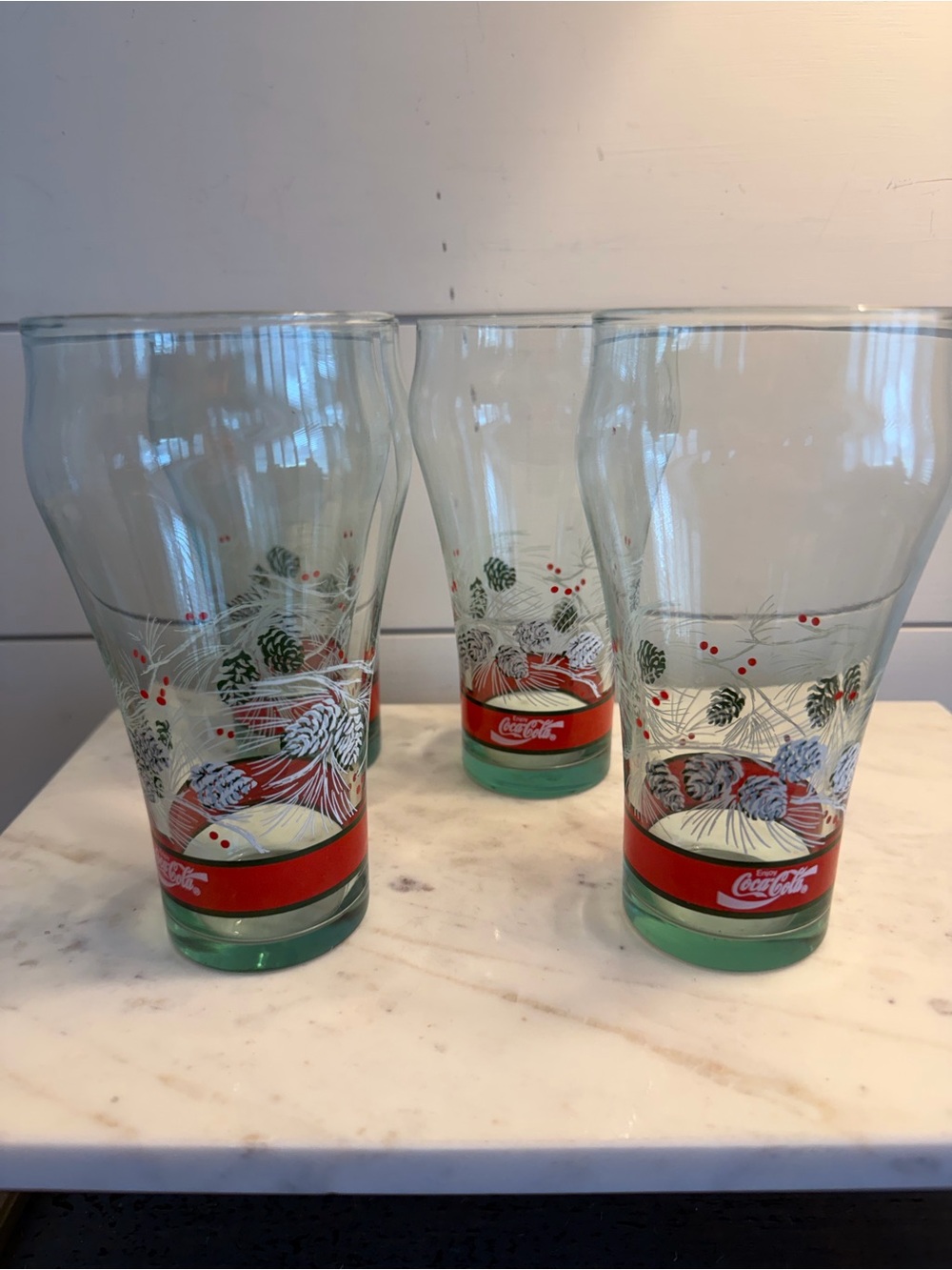 Vintage 1980s Libbey Coca-Cola Christmas Pine Cone Tumbler Glasses Set of 4
